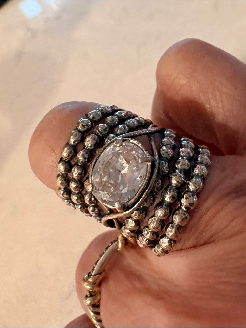Sterling-Style Silver Beaded Stack Ring with Clear Stone - Picture 2 of 4